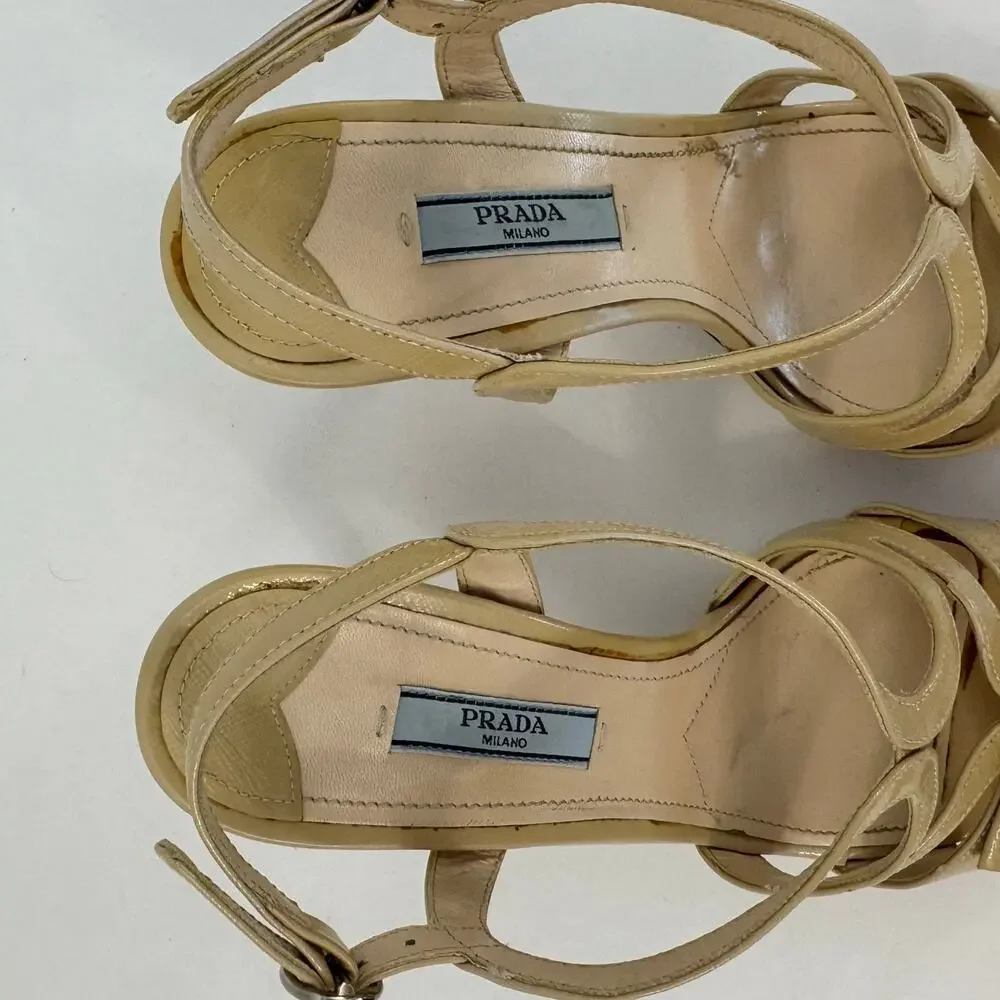 Prada Patent Leather Bow Accents Strappy Sandals Shoes Nude Tan | 37.5 (US 7.5)